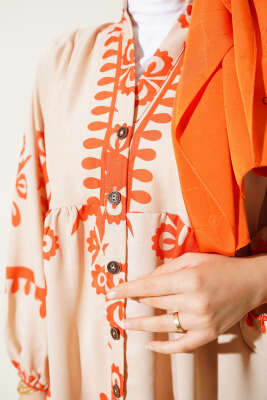 Desenli Yarım Düğmeli Kat Elbise Oranj - Tesettür Elbise