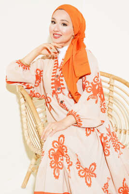 Desenli Yarım Düğmeli Kat Elbise Oranj - Tesettür Elbise