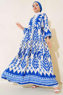 Desenli Yarım Düğmeli Kat Elbise Saks - Tesettür Elbise