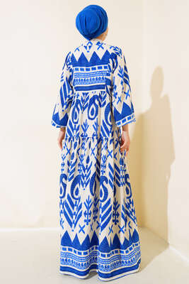 Desenli Yarım Düğmeli Kat Elbise Saks - Tesettür Elbise