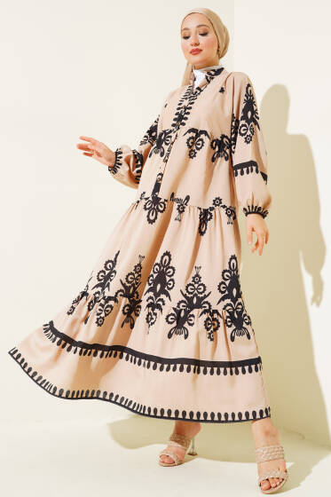 Desenli Yarım Düğmeli Kat Elbise Siyah - Elbise