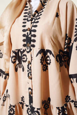 Desenli Yarım Düğmeli Kat Elbise Siyah - Tesettür Elbise