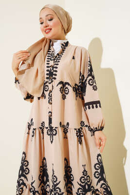 Desenli Yarım Düğmeli Kat Elbise Siyah - Tesettür Elbise