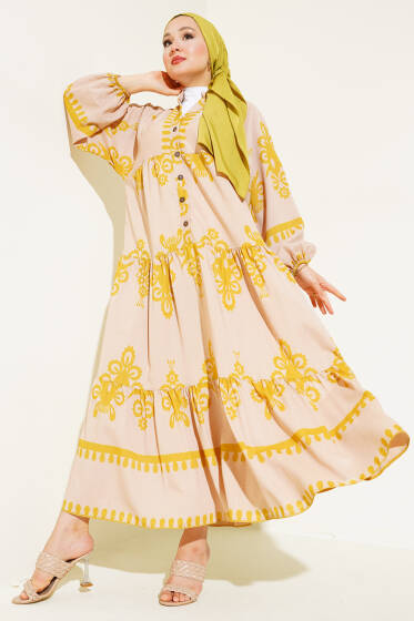 Desenli Yarım Düğmeli Kat Elbise Yağ Yeşili - Elbise