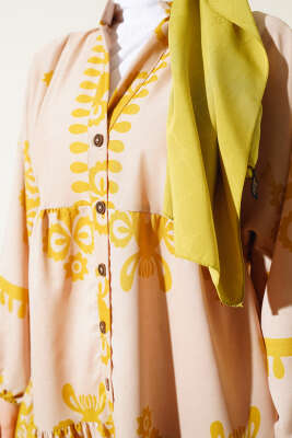 Desenli Yarım Düğmeli Kat Elbise Yağ Yeşili - Tesettür Elbise