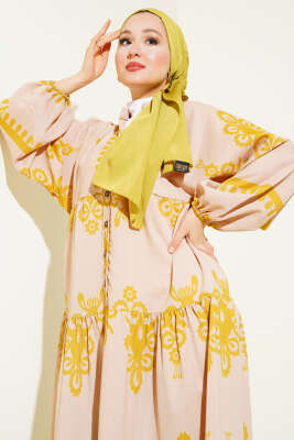 Desenli Yarım Düğmeli Kat Elbise Yağ Yeşili - Tesettür Elbise