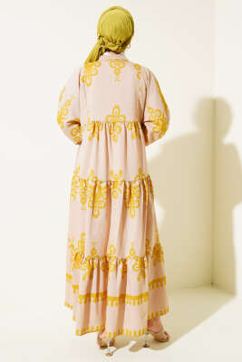 Desenli Yarım Düğmeli Kat Elbise Yağ Yeşili - Tesettür Elbise