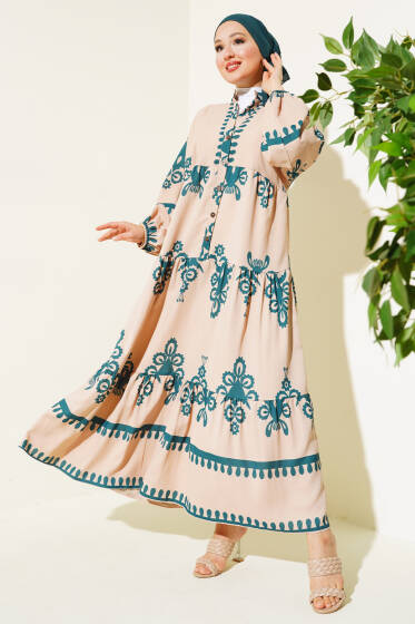 Desenli Yarım Düğmeli Kat Elbise Zümrüt - Elbise