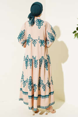 Desenli Yarım Düğmeli Kat Elbise Zümrüt - Tesettür Elbise