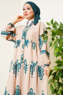 Desenli Yarım Düğmeli Kat Elbise Zümrüt - Tesettür Elbise