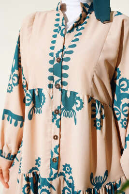 Desenli Yarım Düğmeli Kat Elbise Zümrüt - Tesettür Elbise