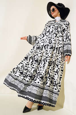 Desenli Yarım Düğmeli Salaş Elbise Beyaz 