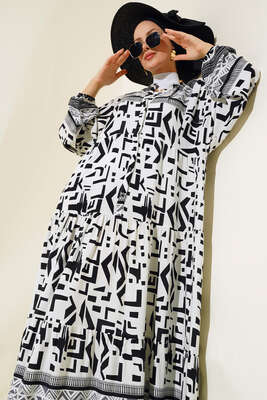 Desenli Yarım Düğmeli Salaş Elbise Beyaz - Tesettür Elbise