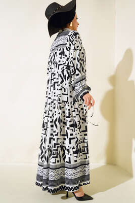 Desenli Yarım Düğmeli Salaş Elbise Beyaz - Tesettür Elbise