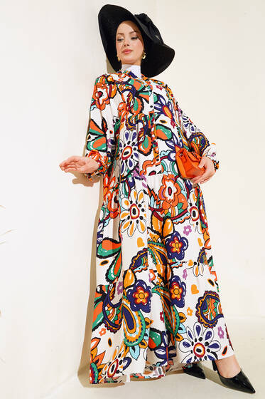 Desenli Yarım Düğmeli Salaş Elbise Gökkuşağı - Elbise