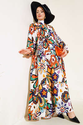 Desenli Yarım Düğmeli Salaş Elbise Gökkuşağı - Tesettür Elbise