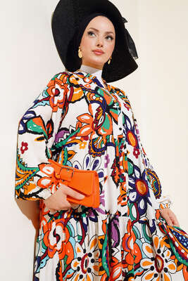 Desenli Yarım Düğmeli Salaş Elbise Gökkuşağı - Tesettür Elbise