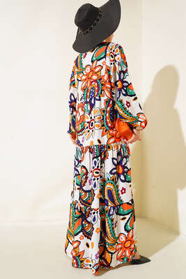 Desenli Yarım Düğmeli Salaş Elbise Gökkuşağı - Tesettür Elbise