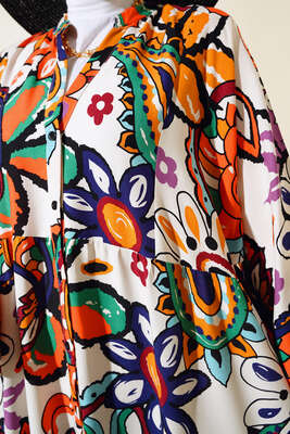 Desenli Yarım Düğmeli Salaş Elbise Gökkuşağı - Tesettür Elbise