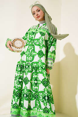 Desenli Yarım Düğmeli Salaş Elbise Yeşil - Thumbnail