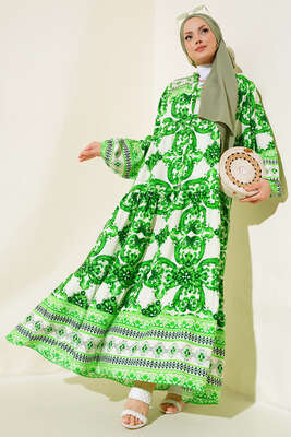 Desenli Yarım Düğmeli Salaş Elbise Yeşil 