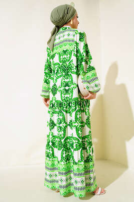 Desenli Yarım Düğmeli Salaş Elbise Yeşil - Tesettür Elbise