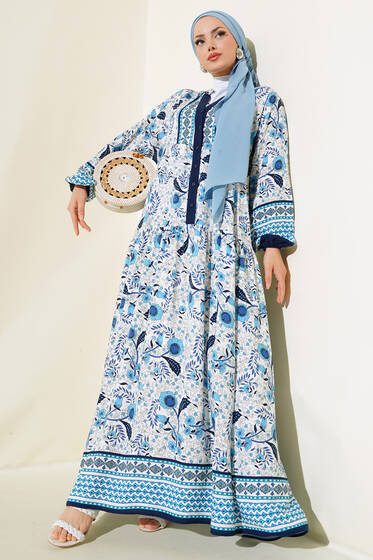 Desenli Yarım Düğmeli Elbise Mavi - Elbise