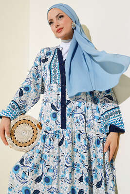 Desenli Yarım Düğmeli Elbise Mavi - Tesettür Elbise