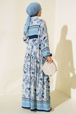 Desenli Yarım Düğmeli Elbise Mavi - Tesettür Elbise