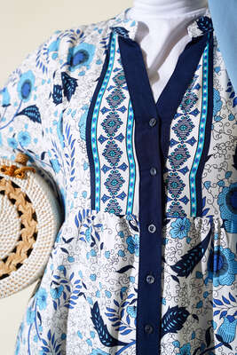 Desenli Yarım Düğmeli Elbise Mavi - Tesettür Elbise