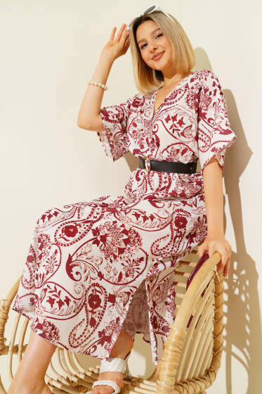 Desenli Yarım Kol Kemerli Elbise Bordo - Kadın Giyim Modelleri