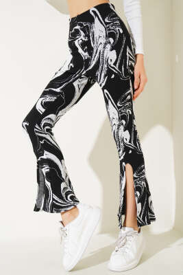 Desenli Yırtmaçlı Triko Pantolon Siyah - Kadın Giyim Modelleri
