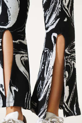 Desenli Yırtmaçlı Triko Pantolon Siyah - Kadın Giyim Modelleri