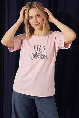 Stay Cool Baskılı T-shirt Pudra - Kadın Giyim Modelleri