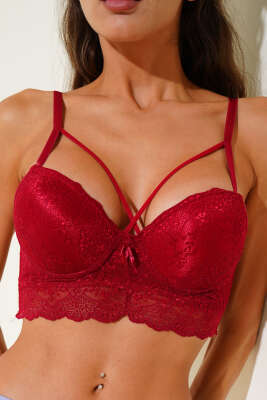 Destekli Çapraz İpli Bralet Sütyen Bordo - Destekli / Push Up Sütyen