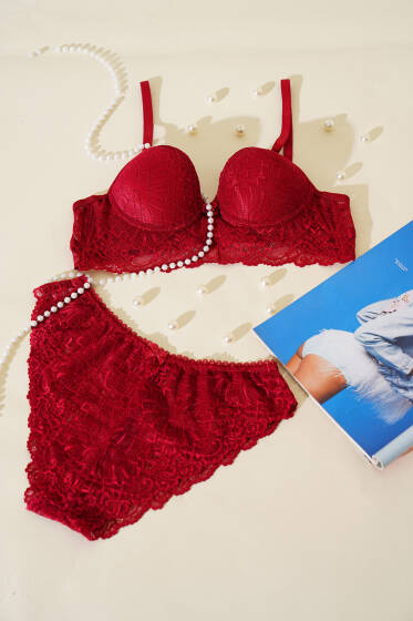 Destekli Çapraz İpli Bralet Sütyen Takım Bordo - Destekli Sütyen Takım