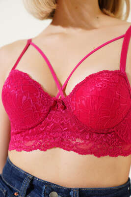 Destekli Çapraz İpli Bralet Sütyen Vişne - Destekli / Push Up Sütyen