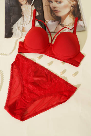 Destekli Çapraz İpli Kurdeleli Mikro Sütyen Takım Kırmızı - Destekli Sütyen Takım