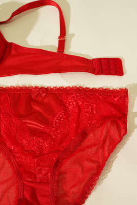 Destekli Çapraz İpli Kurdeleli Mikro Sütyen Takım Kırmızı - Yılın Fırsatı