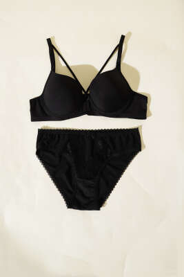 Destekli Çapraz İpli Kurdeleli Mikro Sütyen Takım Siyah - Yılın Fırsatı