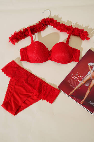 Destekli Dantelli Straplez Sütyen Takım Kırmızı - Destekli Sütyen Takım