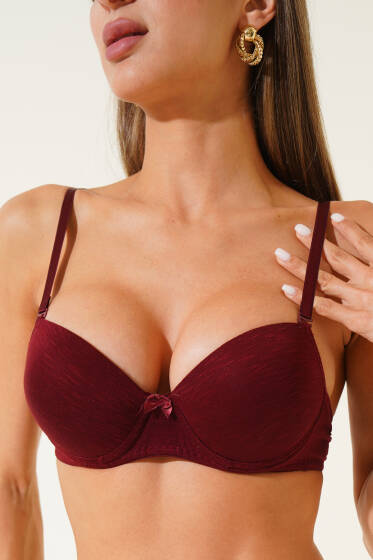 Destekli Kendinden Desenli Sütyen Mürdüm - Destekli / Push Up Sütyen