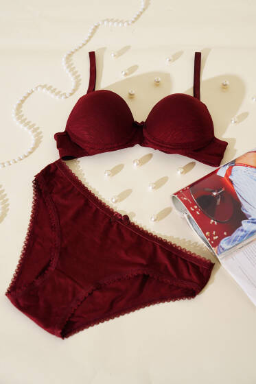 Destekli Kendinden Desenli Sütyen Takım Mürdüm - Destekli Sütyen Takım