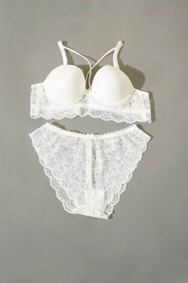 Desteksiz Çapraz İpli Bralet Sütyen Takım Ekru - Desteksiz Sütyen Takım