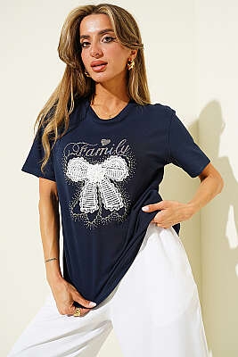 Kurdele Güpürlü T-shirt Lacivert - DESTİNA