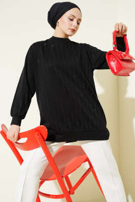 Dik Şerit Taşlı Loyşa Tunik Siyah - DESTİNA