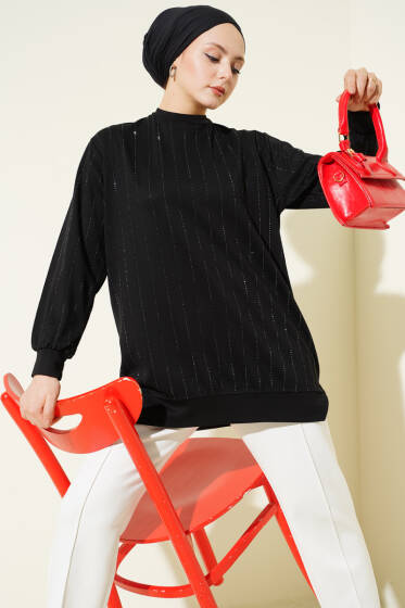 Dik Şerit Taşlı Loyşa Tunik Siyah - Tunik