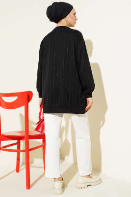 Dik Şerit Taşlı Loyşa Tunik Siyah - Tunik