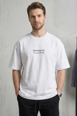 Difficulty Ön ve Arka Baskılı Oversize Erkek T-shirt Beyaz - DEEP POİNT