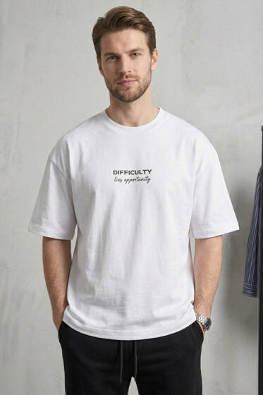 Difficulty Ön ve Arka Baskılı Oversize Erkek T-shirt Beyaz - Erkek T-shirt